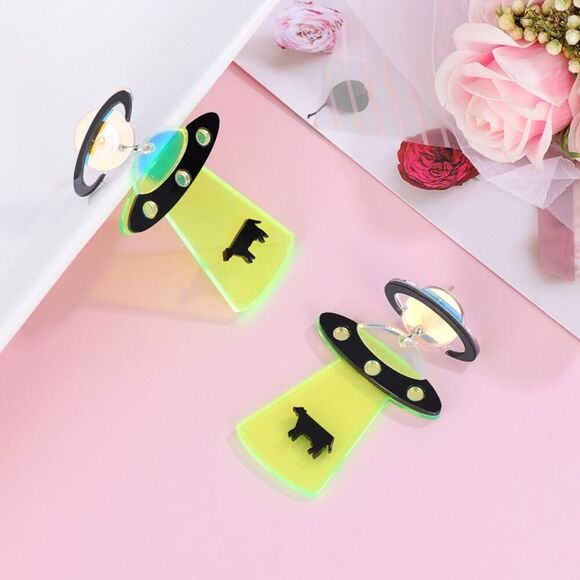 Neon Alien Space Ship Abducting‎ Cow Acrylic Earrings - Picture 6 of 9